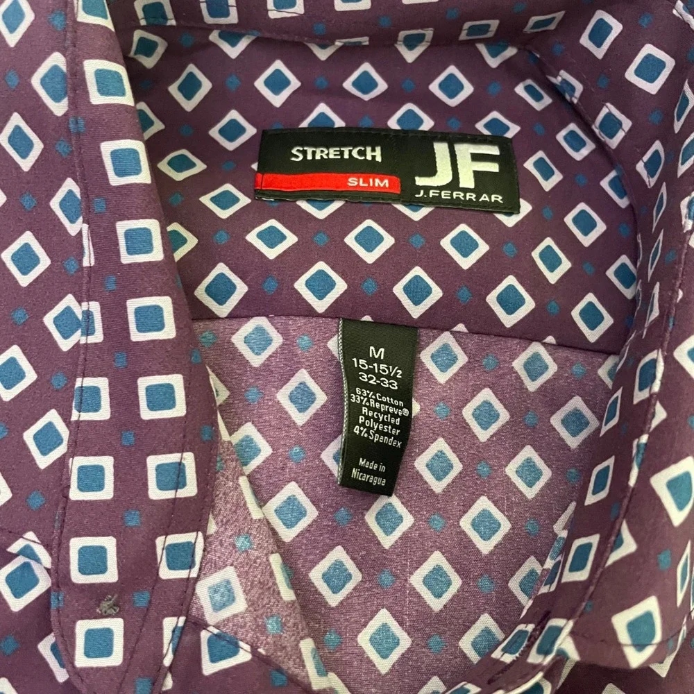 J. Ferrar Men Purple Blue Diamond Geometric Slim Fit Stretch Dress Shirt 15.5 32